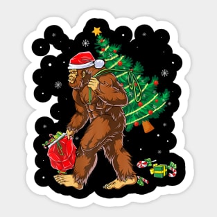 Bigfoot Carrying Christmas Tree Sasquatch Believer Sticker